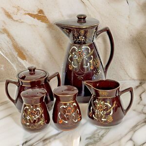Moriage Redware Chocolate Teapot Set – Brown Salt, Pepper, Cream, Sugar – Vintag